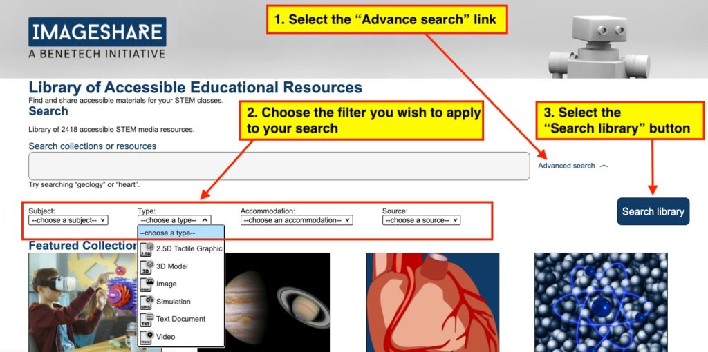 Screenshot: Imageshare main page. 1. Select the "Advance search" link. (arrow pointing to Advance Search summary link) 2. Choose the filter you wish to apply to your search. (arrow pointing to a box highlighting Subject, Type, Accommodation, and Source). 3. Select "Search library" button. (arrow pointing to the Search library button.
