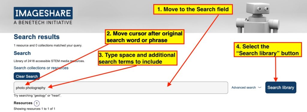 Screenshot: Imageshare results page. After adding "photography" to the original search term "photo" one resource was found. 1. Move to the Search field. (arrow pointing to the search field.) 2. Move cursor after the original search word or phrase. (arrow pointing to the word "photo" in the search field.) 3. Type space and additional search terms to include. (arrow pointing to " photography".) 4. Select the "Search library" button. (arrow pointing to the Search library button.