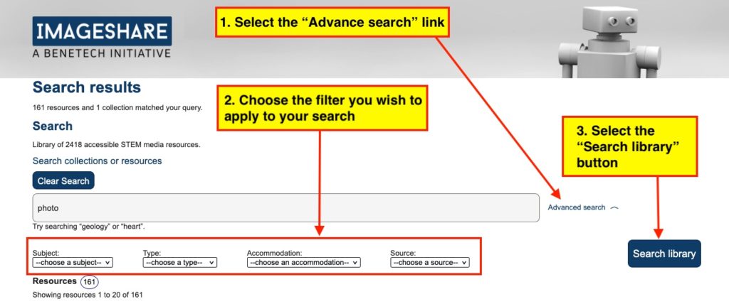 Screenshot: Imageshare Results Page. 161 resources found with just "photo" as the search term. 1. Select the "advance search" link. (arrow pointing to Advance search link). 2. Choose the filter you wish to apply to your search. (arrow pointing to the advance search options: Subject, Type, Accommodation, Source). 3. Select the "Search library button. (arrow pointing to the Search library button.